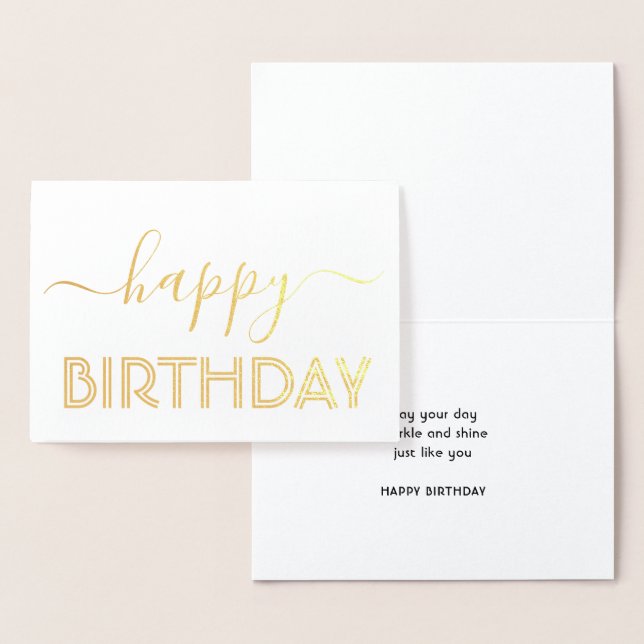 Tarjeta Con Relieve Metalizado Feliz cumpleaños Moda Script mínimo Glam Gold Real (Demostración)
