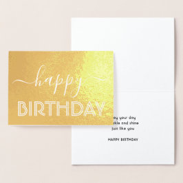 Tarjeta Con Relieve Metalizado Feliz cumpleaños Moda Script mínimo Glam Gold Real