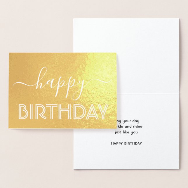 Tarjeta Con Relieve Metalizado Feliz cumpleaños Moda Script mínimo Glam Gold Real (Demostración)