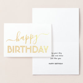 Tarjeta Con Relieve Metalizado Feliz cumpleaños Moda Script mínimo Glam Gold Real