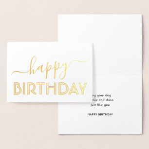 Tarjeta Con Relieve Metalizado Feliz cumpleaños Moda Script mínimo Glam Gold Real