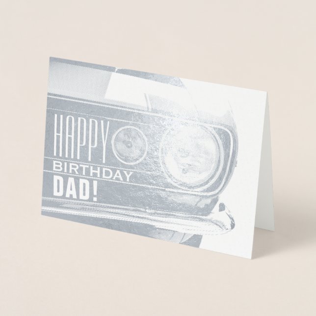Tarjeta Con Relieve Metalizado Feliz cumpleaños papá | Auto clásico (Anverso)