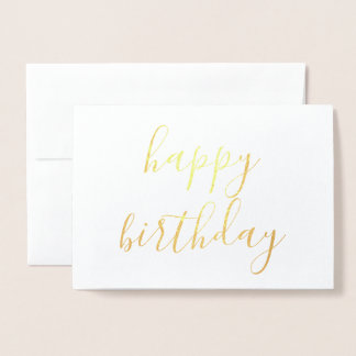 Tarjeta Con Relieve Metalizado Feliz cumpleaños, simple caligrafía Gold