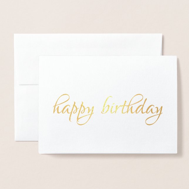Tarjeta Con Relieve Metalizado Feliz cumpleaños, simple caligrafía Gold (Anverso con sobre)