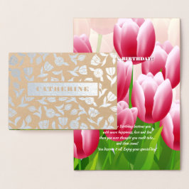 Tarjeta Con Relieve Metalizado Feliz cumpleaños. Sping Tulip Luxury Real Relieve 