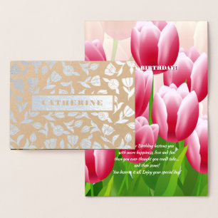 Tarjeta Con Relieve Metalizado Feliz cumpleaños. Sping Tulip Luxury Real Relieve