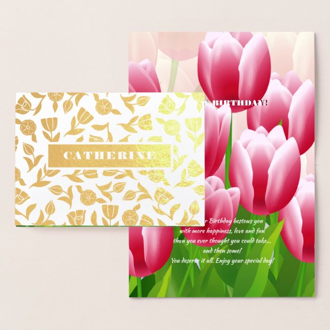 Tarjeta Con Relieve Metalizado Feliz cumpleaños. Sping Tulip Luxury Real Relieve  (Demostración)