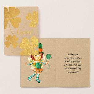 Tarjeta Con Relieve Metalizado Feliz Día de San Patricio. Chica irlandés de Littl