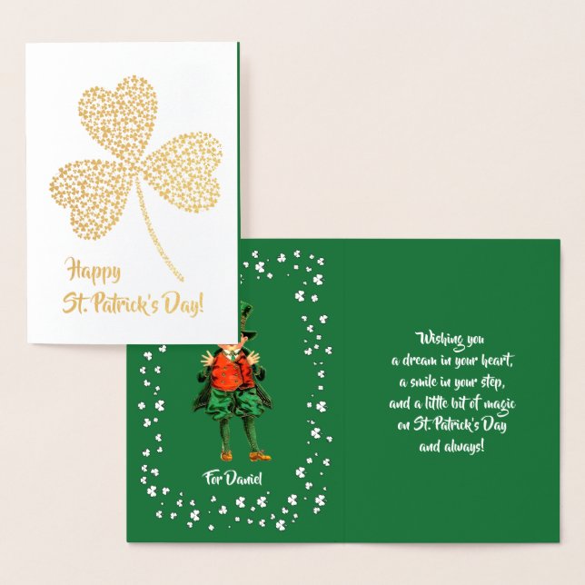 Tarjeta Con Relieve Metalizado Feliz Día de San Patricio. Niño Irlandés (Demostración)