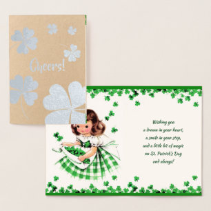 Tarjeta Con Relieve Metalizado Feliz Día de San Patricio. Pequeño Chica irlandés