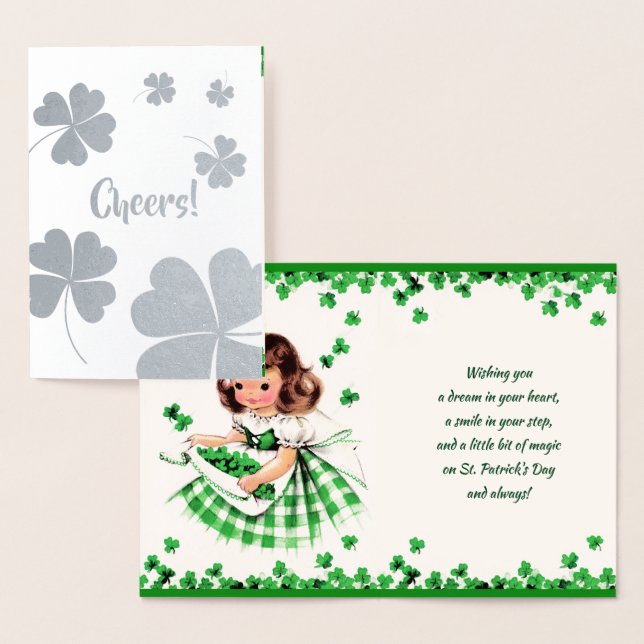 Tarjeta Con Relieve Metalizado Feliz Día de San Patricio. Pequeño Chica irlandés (Demostración)
