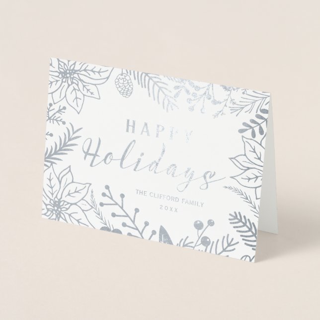 TARJETA CON RELIEVE METALIZADO FELIZ FESTIVIDAD DE INVIERNO FOLIAGE | PLATEADO (Anverso)