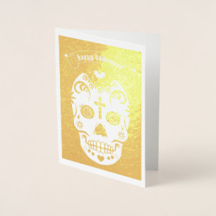 Tarjeta Con Relieve Metalizado Feliz Halloween Calavera de Azúcar