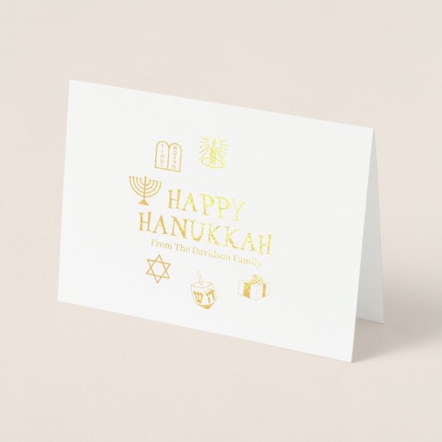 Tarjeta Con Relieve Metalizado Feliz Hanukkah nombre de costumbre blanco dorado (Anverso)