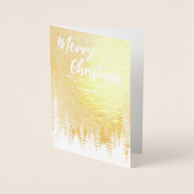 Tarjeta Con Relieve Metalizado Feliz invierno navideño Noche Bosque Oro (Anverso)