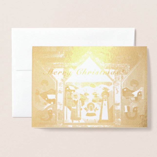 Tarjeta Con Relieve Metalizado "Feliz Navidad" Creche Scene (Anverso con sobre)