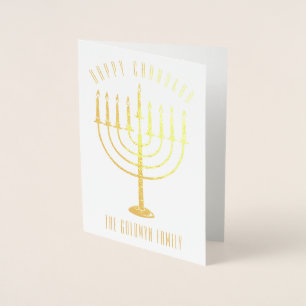 Tarjeta Con Relieve Metalizado Feliz Navidad en Chanukah Menorah