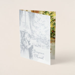 Tarjeta Con Relieve Metalizado Feliz Navidad en francés -plata de lujo