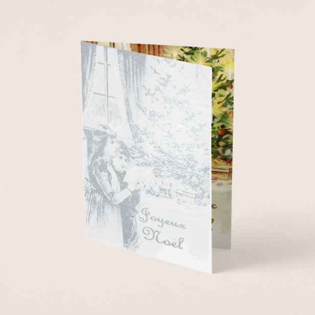 Tarjeta Con Relieve Metalizado Feliz Navidad en francés - plata de lujo (Anverso)