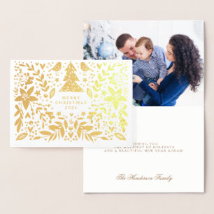 TARJETA CON RELIEVE METALIZADO FELIZ NAVIDAD FOTO BOTÁNICA ORO
