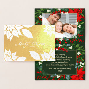Tarjeta Con Relieve Metalizado Feliz Navidad. Marco de Poinsettia de lujo