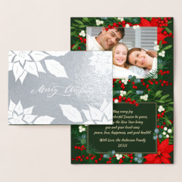 Tarjeta Con Relieve Metalizado Feliz Navidad. Poinsettia frame Luxury