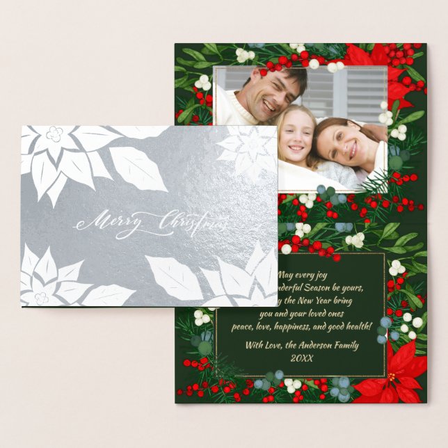 Tarjeta Con Relieve Metalizado Feliz Navidad. Poinsettia frame Luxury (Demostración)