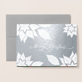 Tarjeta Con Relieve Metalizado Feliz Navidad. Poinsettia frame Luxury