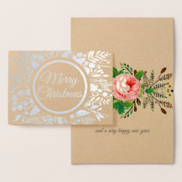 Tarjeta Con Relieve Metalizado Feliz Navidad Wreath Floral