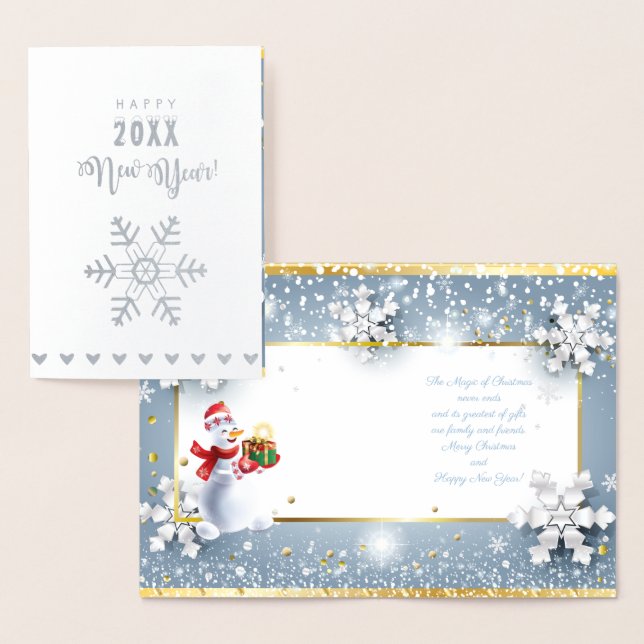 Tarjeta Con Relieve Metalizado ¡Feliz Navidad y Feliz Año Nuevo! Nieve XMAS 2026 (Demostración)