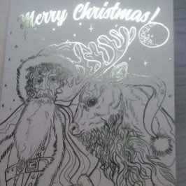 Tarjeta Con Relieve Metalizado Feliz Papá Noel y renos
