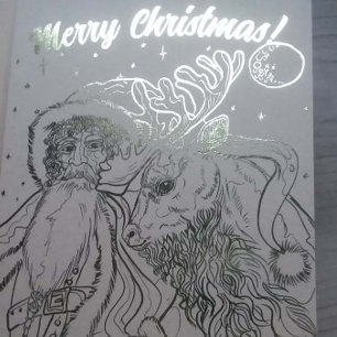 Tarjeta Con Relieve Metalizado Feliz Papá Noel y renos