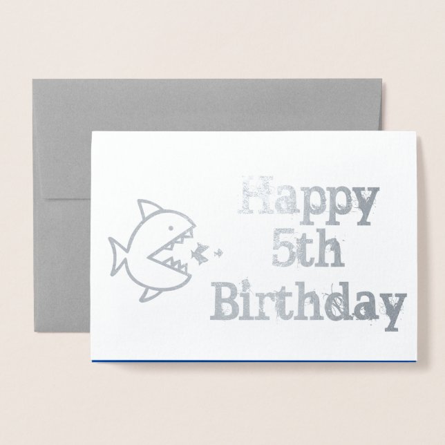 Tarjeta Con Relieve Metalizado Feliz quinto cumpleaños a los niños tiburones burl (Anverso con sobre)
