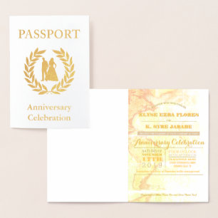 Tarjeta Con Relieve Metalizado Fiesta de Aniversario Pasaporte Dorado