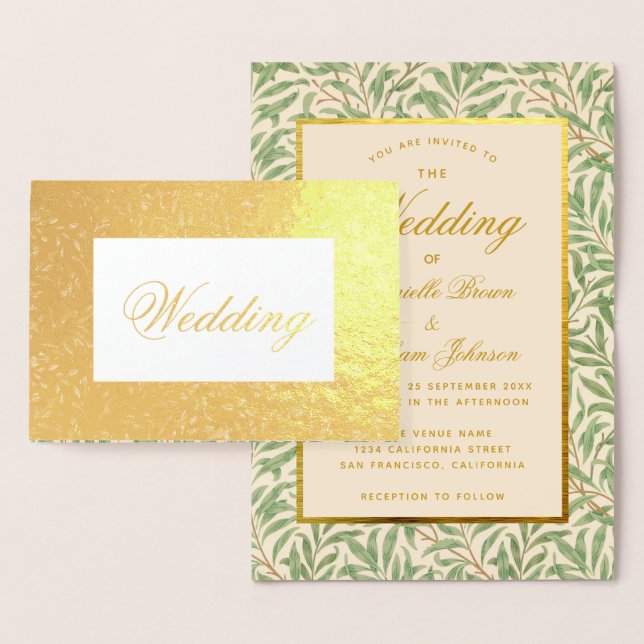 Tarjeta Con Relieve Metalizado Foliage de caligrafía boda deja oro verde (Demostración)