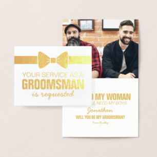 Tarjeta Con Relieve Metalizado Foto personalizada de Groomsmen Groomsman solici