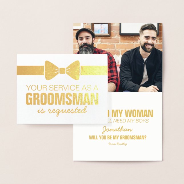 Tarjeta Con Relieve Metalizado Foto personalizada de Groomsmen | Groomsman solici (Demostración)