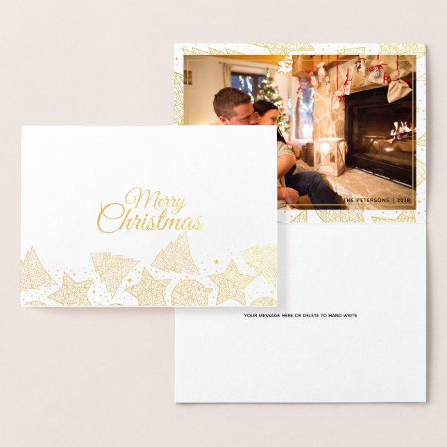 Tarjeta Con Relieve Metalizado Fotografía de la familia Patrón de Navidad Gold &  (Demostración)