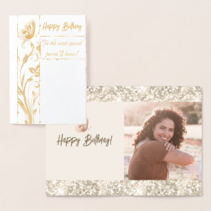 Tarjeta Con Relieve Metalizado Fotos de mariposa con esparkling de oro Cumpleaños