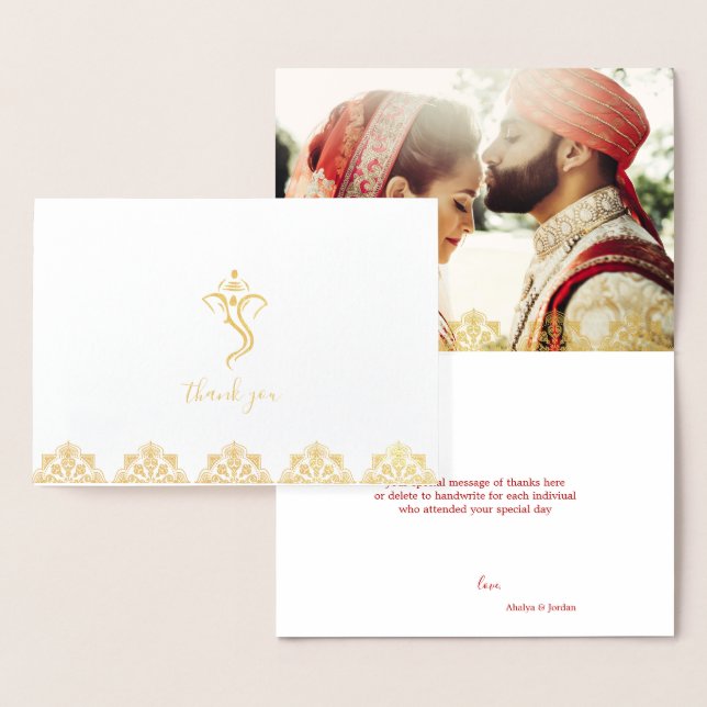 Tarjeta Con Relieve Metalizado Ganesha Rojo y Oro Boda Mehndi Gracias (Demostración)
