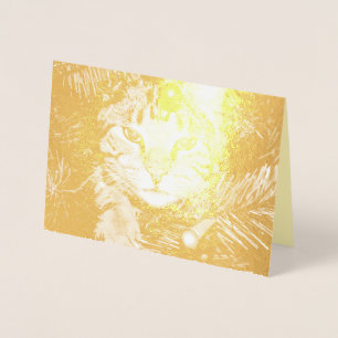 Tarjeta Con Relieve Metalizado Gato de oro en árbol divertido Navidades perfecto