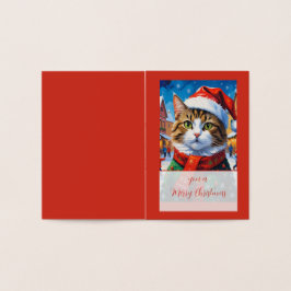 Tarjeta Con Relieve Metalizado Gato Navideño Festivo con Gorro de Santa