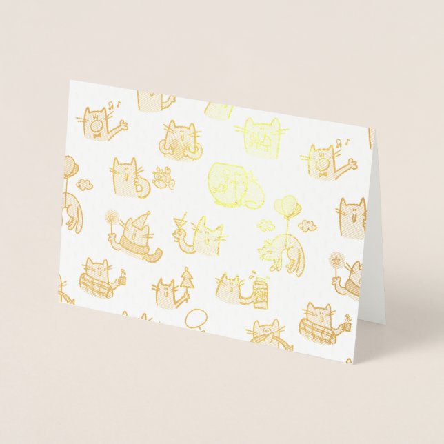 Tarjeta Con Relieve Metalizado Gatos divertidos, leche y magia. (Anverso)