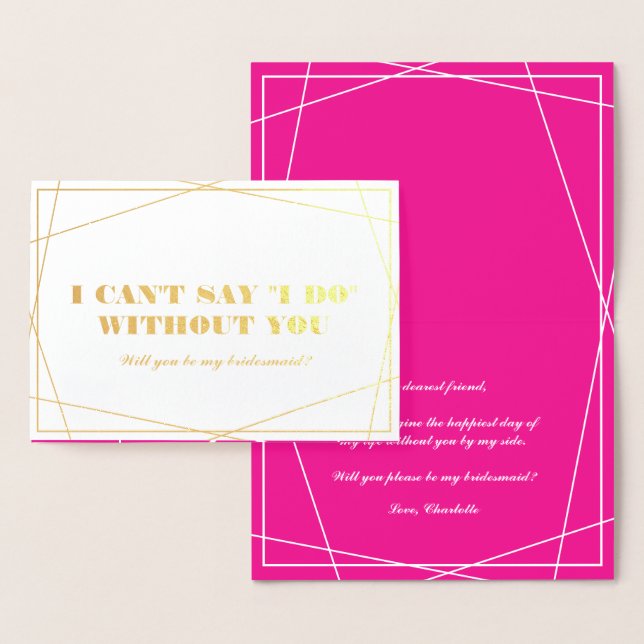 Tarjeta Con Relieve Metalizado Geométrica Gold y Hot Pink Be My Bridesmaid (Demostración)