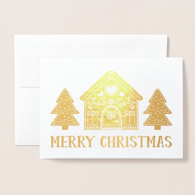 Tarjeta Con Relieve Metalizado Gingerbread House Relieve metalizado dorado Feliz  (Anverso con sobre)