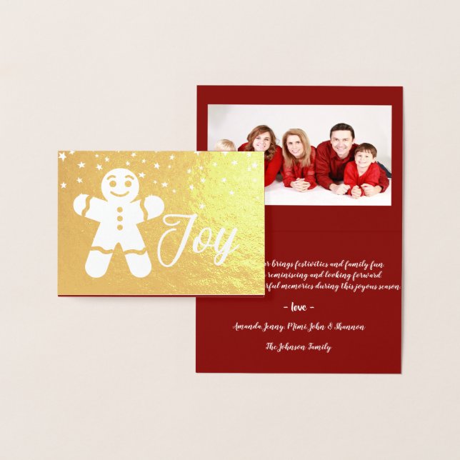 Tarjeta Con Relieve Metalizado Gingerbread Joy Script Photo Red Gold Stars White (Demostración)