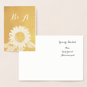 TARJETA CON RELIEVE METALIZADO GIRASOL DORADO BODA RÚSTICA DE VERANO MONOGRAMA