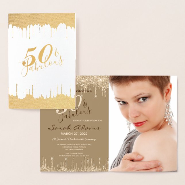 Tarjeta Con Relieve Metalizado Glam Gold Drips 50 y Fab Cumpleaños Fiesta Real In (Demostración)