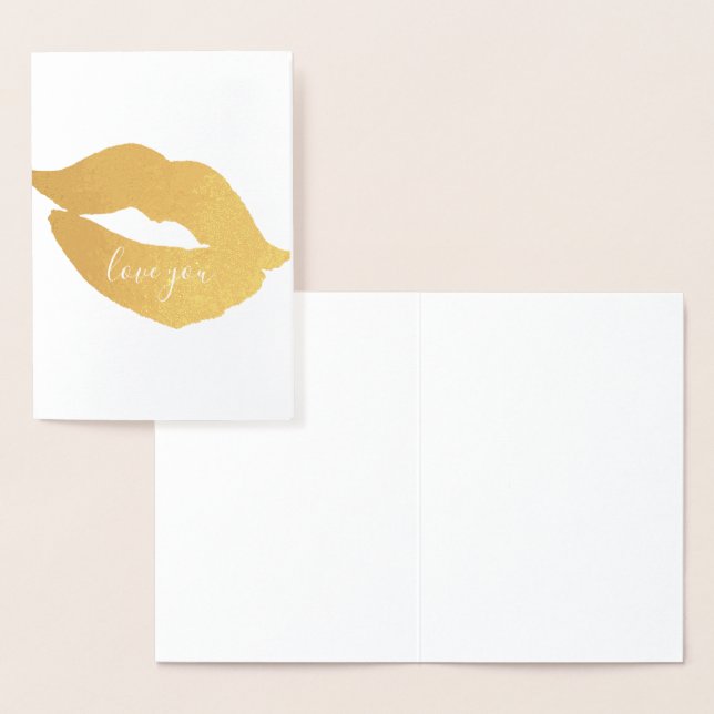 Tarjeta Con Relieve Metalizado Glam Gold Lips Kiss Love You (Demostración)