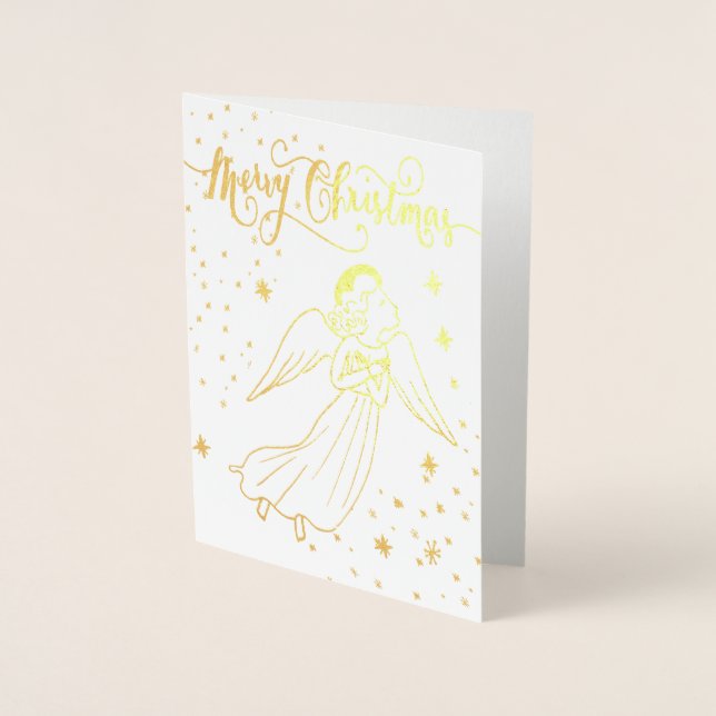 Tarjeta Con Relieve Metalizado gold foil angel Merry Christmas card (Anverso)